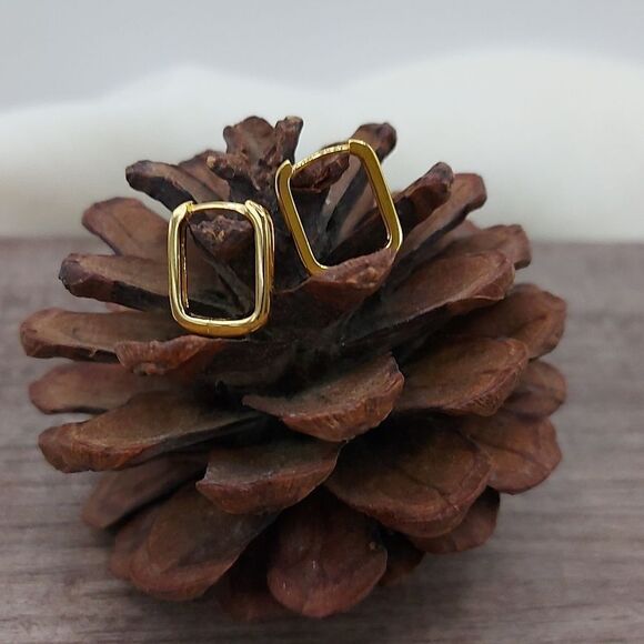 925 Sterling Silver Rectangle Gold Huggies Earrings - Picture 9 of 11